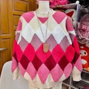 Pink Argyle Diamond Knit Sweater Pullover